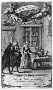 Carlo Goldoni, 8 éves, édesanyja és a bergamascoi apát jelenlétében írja első darabját az „Opere di Carlo Goldoni”-ból, amelyet Antonio Baratti metszett, 1761.